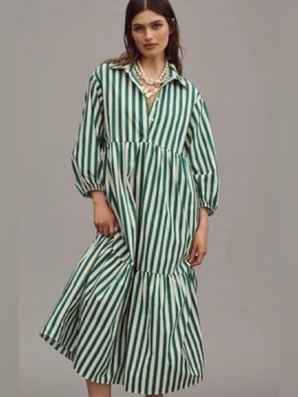 Maeve Green and Cream Bettina Tiered Shirtdress